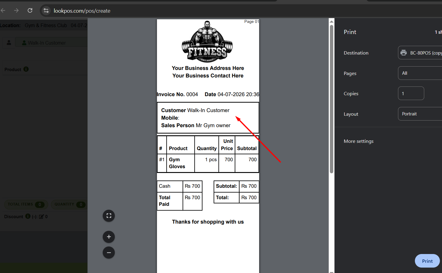 Gym membership invoice with GST and payment method