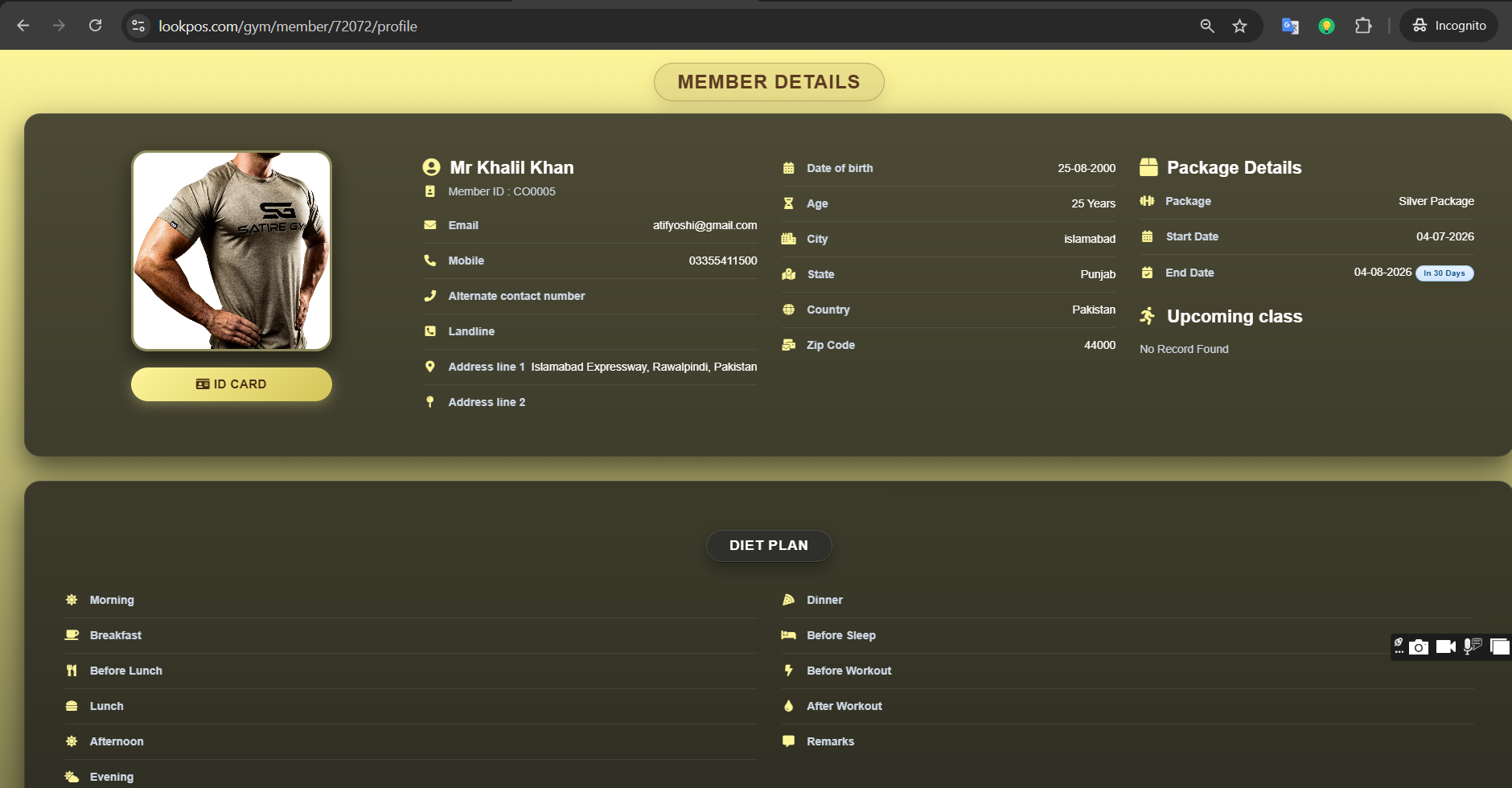 Gym member profile with plan, payments and attendance history