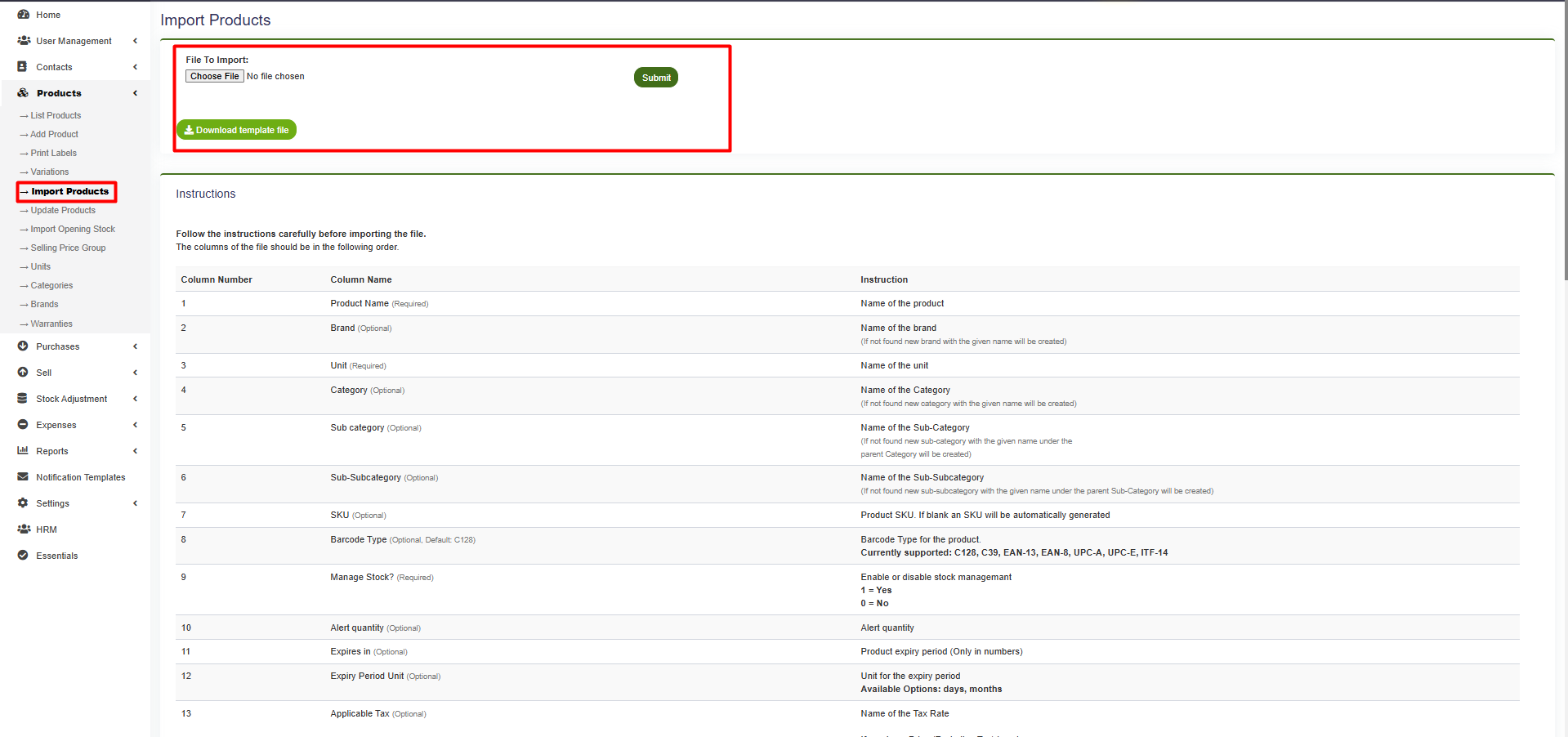 LookPOS Excel and CSV bulk product and stock import screen