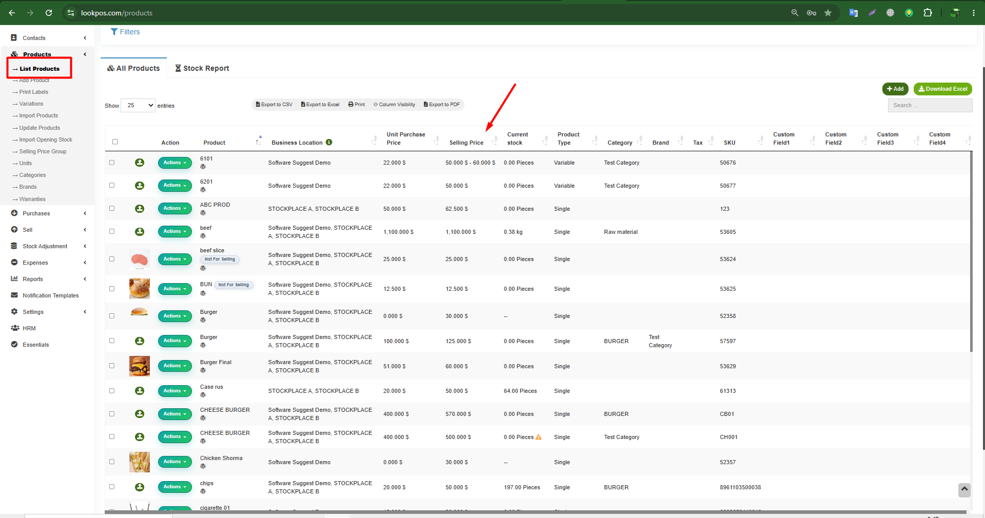 LookPOS product directory showing medicine generic salts, rack locations, and brand variations