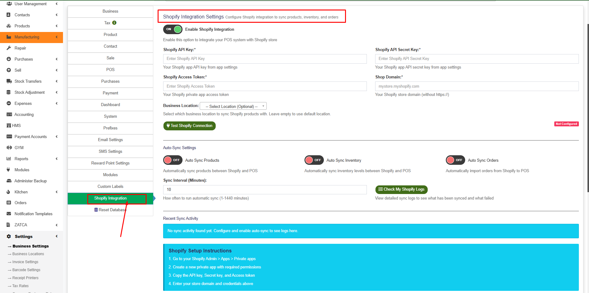 LookPOS Shopify Integration Settings